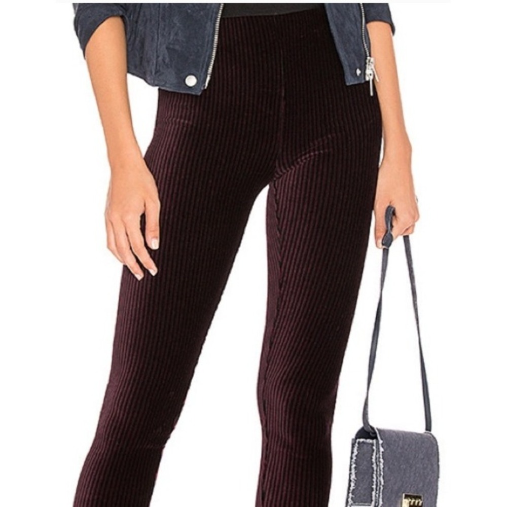 Free People Here We Go Ribbed Velvet Leggings Womens M Purple Black Stretch Cozy